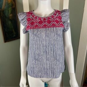 THML Blue White Striped Blouse Top Shirt Pink Embroidered XSmall Flutter Sleeve